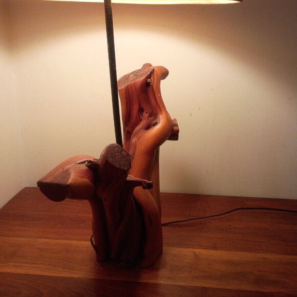 MID CENTURY Handmade Cypress Knee Table Lamp w Drum Lampshade 1950s *WORKS* - Picture 8 of 15